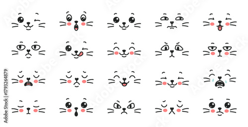 Cat face emotions. Kitty cartoon emoji with mouth, nose whiskers and eye in Japanese kawaii style. Happy, sad and angry, crazy and crying cute pet expression. Vector isolated set