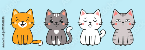 Cute kittens. Kawaii cat cartoon characters, funny happy pets. White, black and red doodle baby cats. Vector isolated set