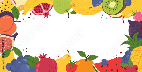 Fruit frame. Fresh summer fruits border with exotic pineapple, peach and orange, grape and strawberry, kiwi and watermelon, banana and apple, raspberry. Organic natural vitamin food vector background
