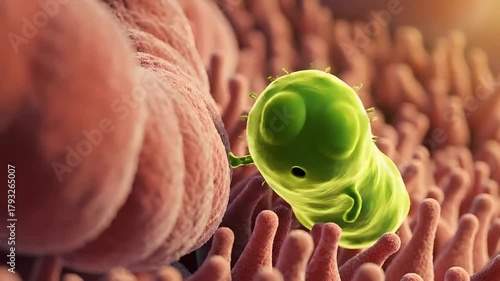 Cartoon Probiotic Bacteria Character in Intestinal Villi Animation