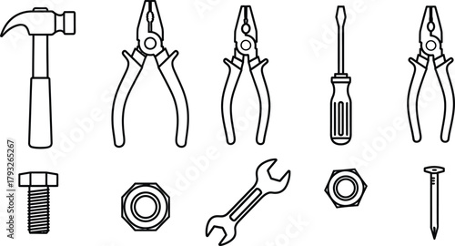Hand Tools Line Icon Set | Basic Workshop and Repair Vector Pictograms

