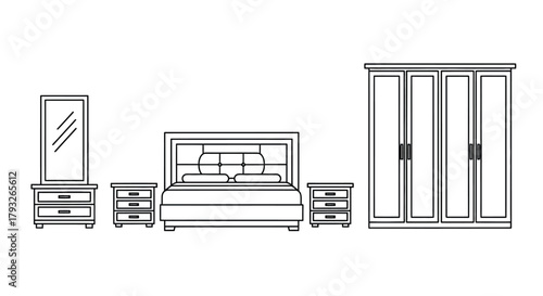 Simple outline of bedroom furniture including bed wardrobe and bedside tables