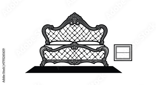 Elegant ornate bed frame and small rectangular window in black and white
