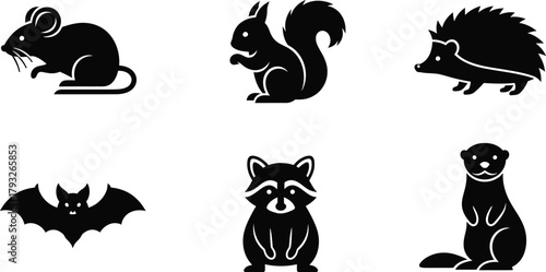  Small mammals simple silhouette icon set. Vector pictograms of mouse, squirrel, hedgehog, bat, raccoon, otter, simple solid shape illustration..