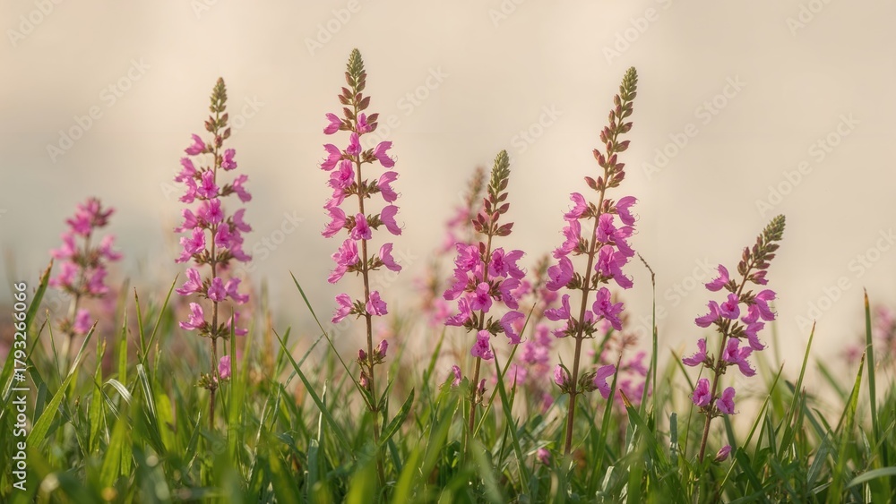 Obraz premium Wildflowers and grass in a field with pink blossoms, nature scene, floral and botany, natural environment.