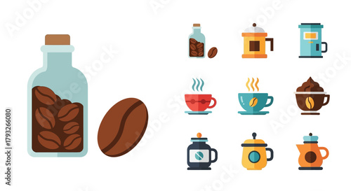 Variety of coffee beans brewing methods and served drinks illustrated in flat design