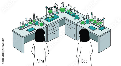 Laboratory setup with flasks beakers and two scientists named alice and bob