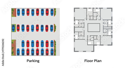Parking lot and building floor plan illustration with labeled sections