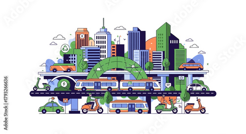 City Transportation Illustration with Buildings and Vehicles.