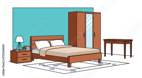 Simple bedroom illustration featuring a bed wardrobe nightstand and desk