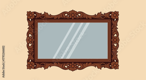 An ornate brown wooden frame with a reflective empty mirror surface