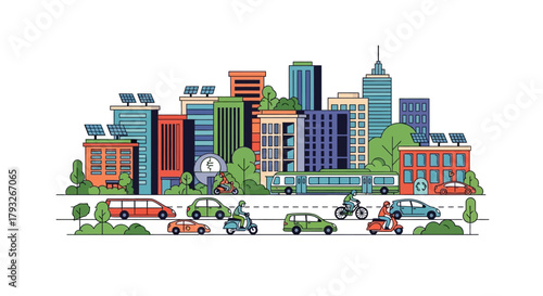 Sustainable Cityscape with Green Buildings and Eco-Friendly Transportation.