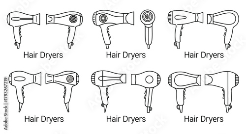 Line art illustration featuring six different styles of hair dryers