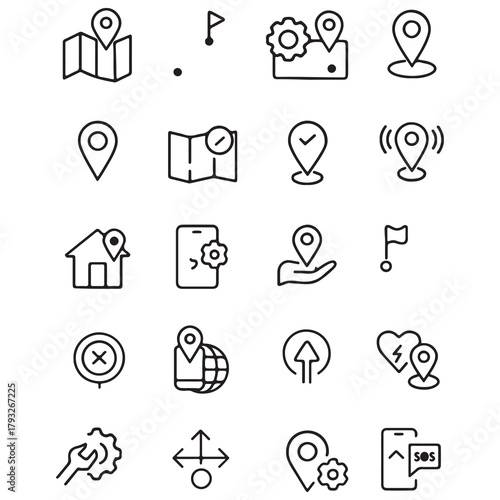 Collection of hand drawn map and location pin icons representing navigation and geolocation services