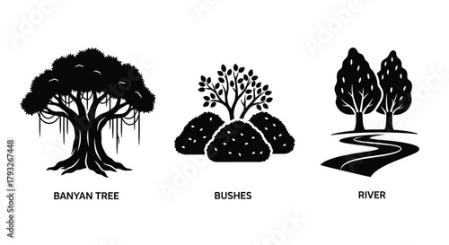 A simple illustration depicting a banyan tree bushes and a flowing river