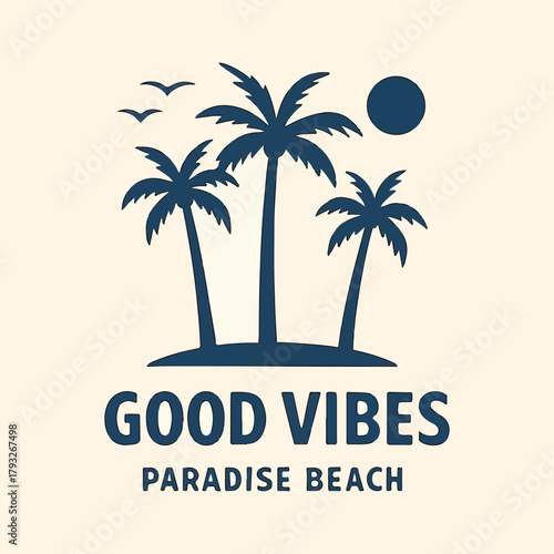 Retro silhouette of palm trees and sun with good vibes paradise beach text