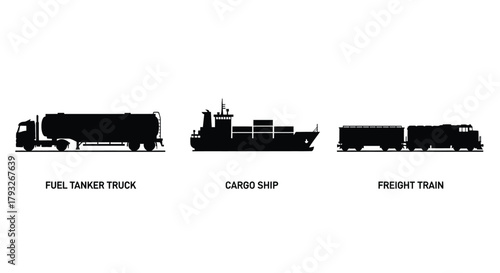 Silhouette illustrations of a fuel tanker cargo ship and freight train