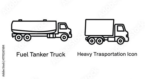 Simple line art depicting a fuel tanker and a box delivery truck