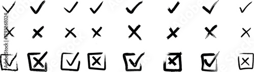 Check tick mark icon set. Cross box x check mark checkbox v list vector draw hand drawn sketch doodle brush marker checklist symbol wrong right circle. Vector Illustration