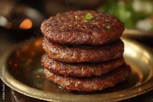 Wallpaper Mural Delicate shami kebabs, minced meat patties fried until golden, stacked neatly on a traditional brass plate  Torontodigital.ca
