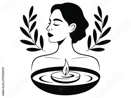 A woman with closed eyes and a lit candle in a bowl, surrounded by branches.
