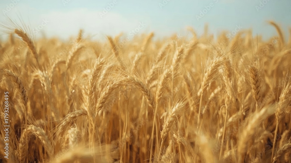 Fototapeta premium Golden wheat field during daytime with clear sky. Agriculture and harvest, environmental and nature scene. The concept of farming and crop production.