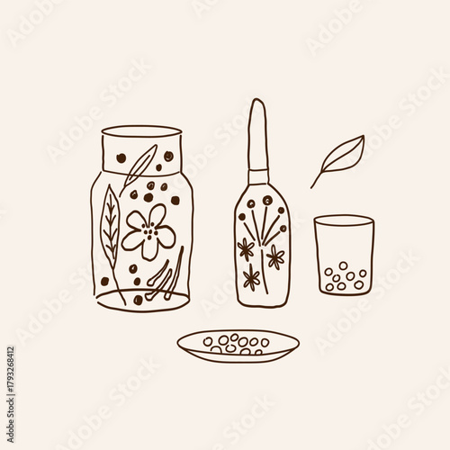 Homeopathy medicines. Illustration of jars of alternative herbal medicine pills, plants.  Vector on isolated background. Doodle for label, card, logo, sign. Hand drawn elements. Heals and phyto