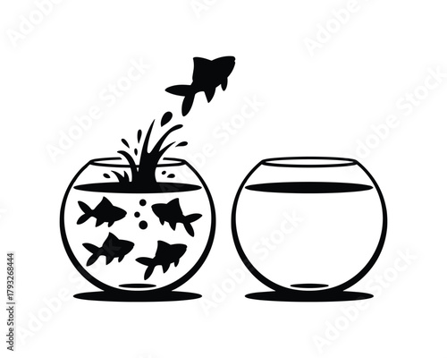 Black silhouette of fish jumping out of a fishbowl