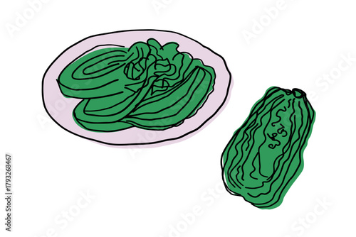 Napa Cabbage Kimchi. Sketch of Korean food made from fermented vegetables, spicy pickled leaves, salad. Vector illustration on isolated background. Design elements for menu, logo, label, sign