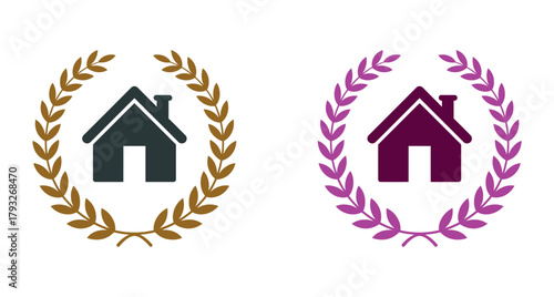 Two circular emblems featuring a house silhouette within a laurel wreath.