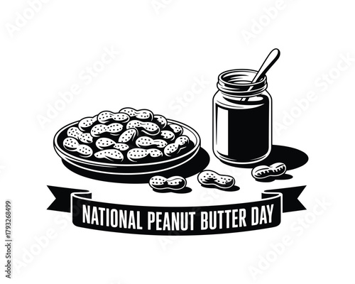 Peanut butter jar and bowl of peanuts with national peanut butter day 