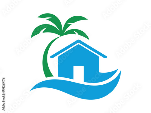 A simple logo depicts a house under a palm tree on waves, representing travel and leisure.