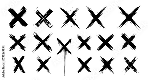 Collection of Hand Drawn X Marks Brush Strokes Grunge Style.