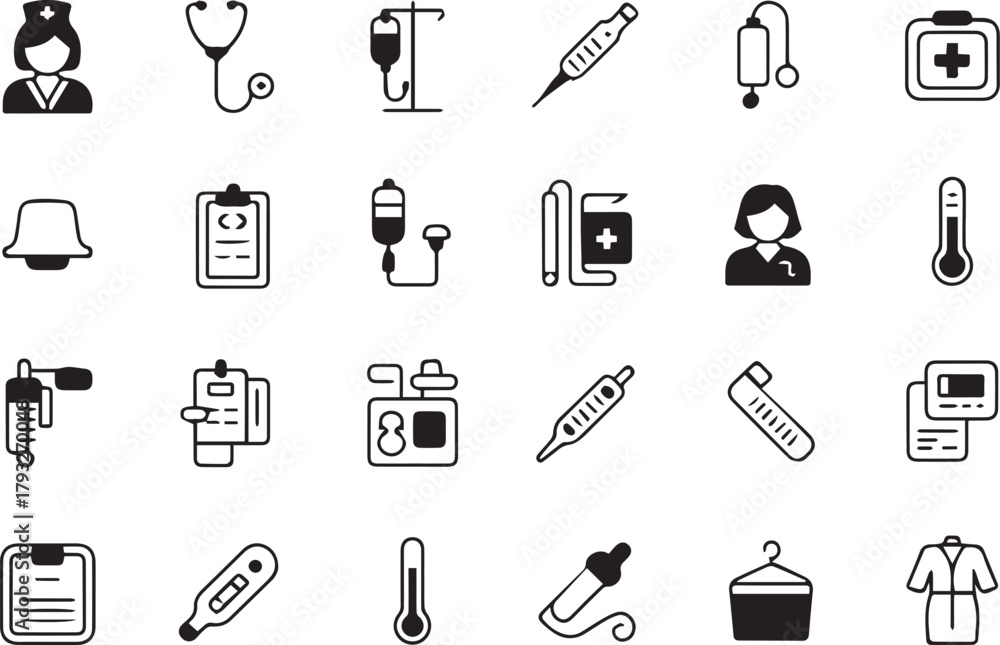 Fototapeta premium Minimalist First Aid Kit Thermometer and IV Drip Healthcare Outline Icons Collection