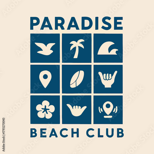 Retro paradise beach club logo featuring tropical icons and beachy vibes