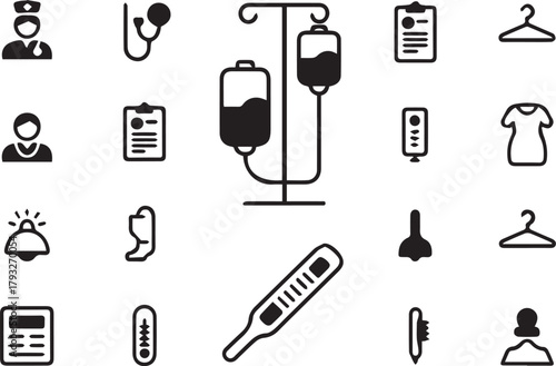 Critical Care Medical Infusion and Patient Monitoring Vector Line Icons Set