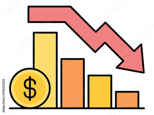 A bar graph shows a downward trend with a red arrow indicating a financial decline.