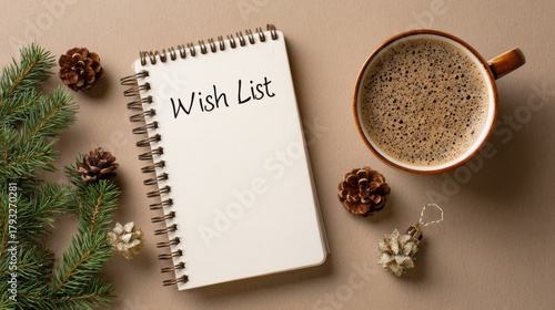 Blank wish list notebook with handwritten text, surrounded by pine branches, pine cones, and a cup of coffee, creating a cozy holiday atmosphere for planning gifts
