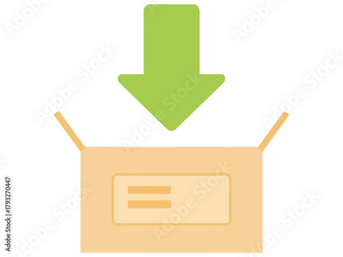 A green arrow points down into an open cardboard box.