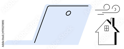 Open laptop beside house with wind lines, representing connectivity, online work, remote lifestyle. Ideal for home office, technology, productivity, communication, minimalism hybrid work flexible