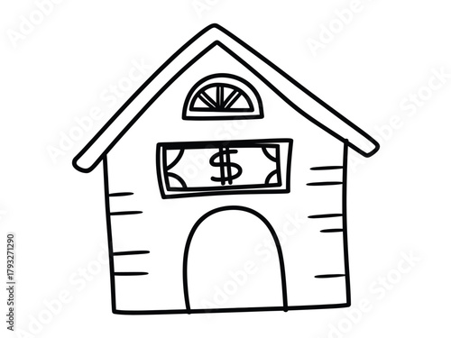 A simple illustration of a house with a dollar bill visible through the window.