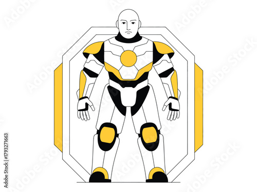 A futuristic cyborg warrior stands ready in a protective suit with yellow accents.