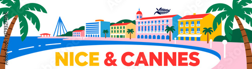 Nice and Cannes illustration on white background