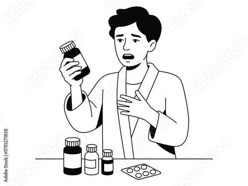 A man holds a prescription bottle, looking concerned about his medication.