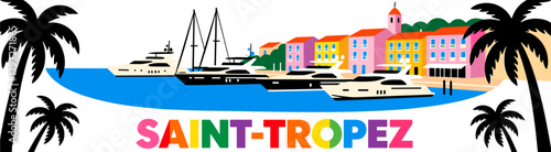 Saint-Tropez illustration with yachts on white background