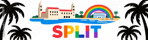 Split illustration with Diocletian's Palace, rainbow, palm trees on white