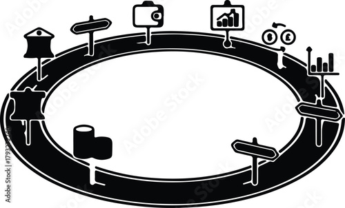 Illustrator Roadmap with business icons around oval road Silhouette vector
