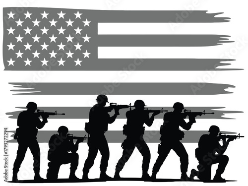 Silhouetted soldiers stand in front of a distressed American flag.