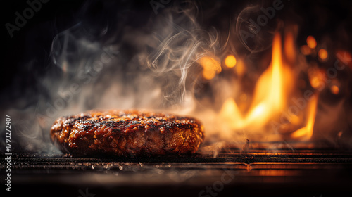 Wallpaper Mural Hamburger patty on a hot grill with flames and smoke creating dramatic lighting. Great for barbecue visuals, grilling ads, and outdoor cooking promotions. Torontodigital.ca