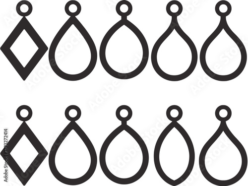 Two rows of black and white outlines of different earring shapes, including diamonds and teardrops.